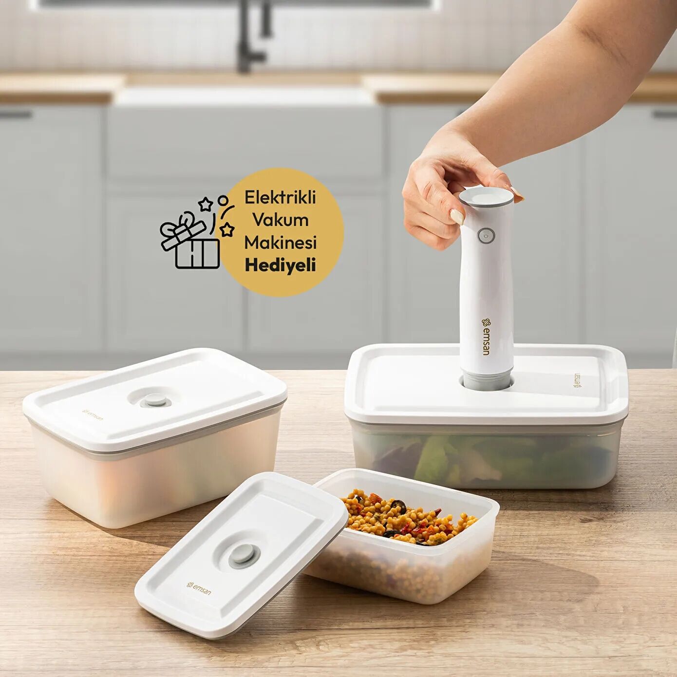 Emsan Freshlock Vakum Makineli 3'lü Saklama Kabı Beyaz