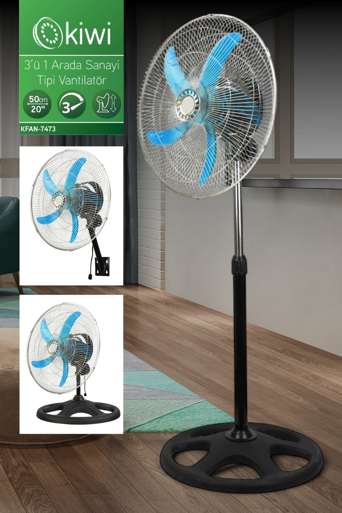 Kiwi KFAN-7473 4 Salınımlı 3'ü 1 Arada Sanayi Tipi Vantilatör
