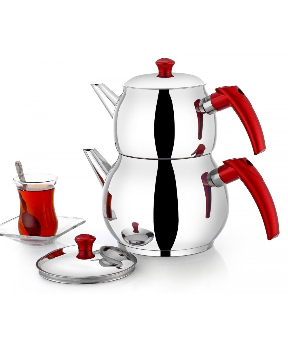 Raymond Orta Boy Küre Paslanmaz Çelik Çaydanlık Takımı-Kırmızı