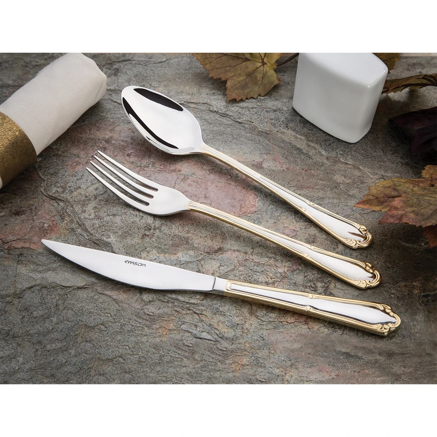 Emsan Elegance Göksu Gold 84 Parça 12 Kişilik Lüks Kutulu Çatal Kaşık Bıçak Seti