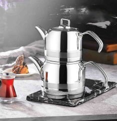 Kahramanlar Enza Mini Boy Çelik Çaydanlık Takımı-Platin