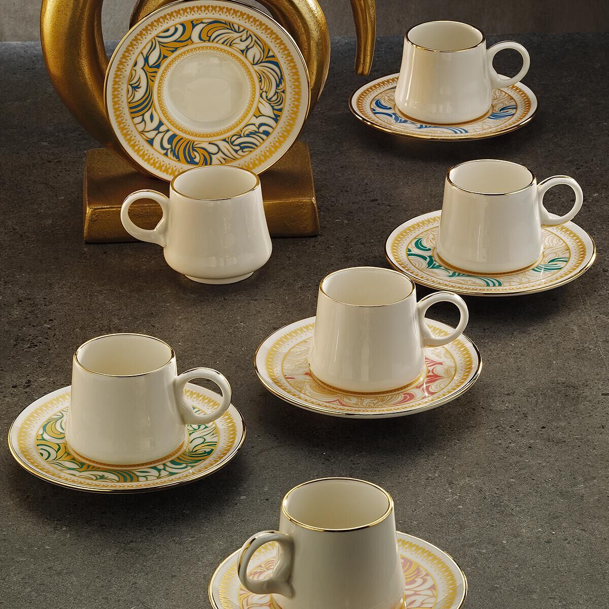 Sandro Moreno 1453 Şal Yüzük Gold 12 Parça 6 Kişilik Kahve Fincan Takım - 90 ml