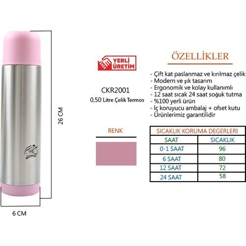 Cooker CKR2001 500 ml Çift Katlı Paslanmaz Çelik Termos 500 ML - Pembe