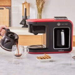 Karaca Hatır Plus 5 in 1 Konuşan Közde ve Sütlü Türk Kahvesi ve Filtre Kahve Makinesi Cherry Red