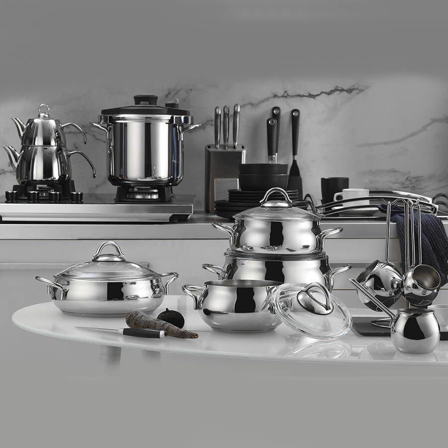 Kütahya Porselen Efes 18 Parça Çelik Güveç Tencere Çeyiz Seti-Çelik Kulp
