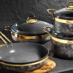 Brioni Royal Stone 7 Parça Tencere Seti - Kumtaşı/Altın